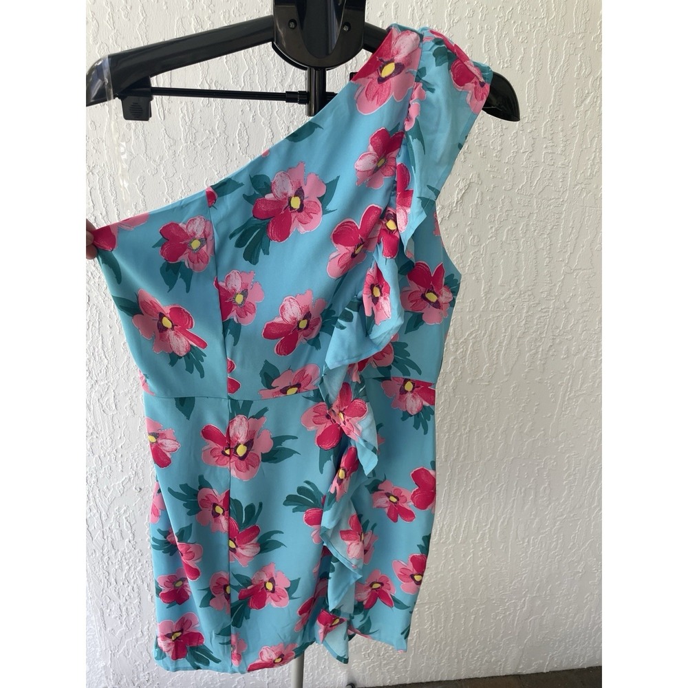 Emily Wonder Blue Pink‎ Floral One Shoulder Ruffle Mini Dress Womens Medium NWT